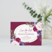 Burgundy Navy Blue Peony Geometric Save the Date Postkarte (Stehend Vorderseite)