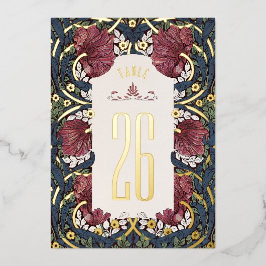 Burgundy Navy Blue Pimpernel Morris Table Numbers Folieneinladung (Vorderseite)