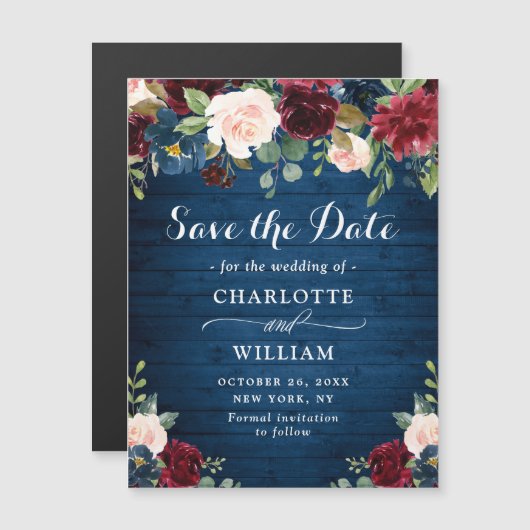 Burgundy Navy Blue Save the Date Magnetkarte (Vorne/Hinten)