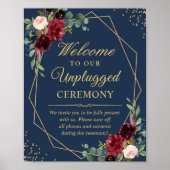 Burgundy Navy Blue Unplugged Wedding Zeremony Sign Poster (Vorne)