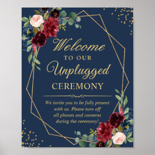 Burgundy Navy Blue Unplugged Wedding Zeremony Sign Poster