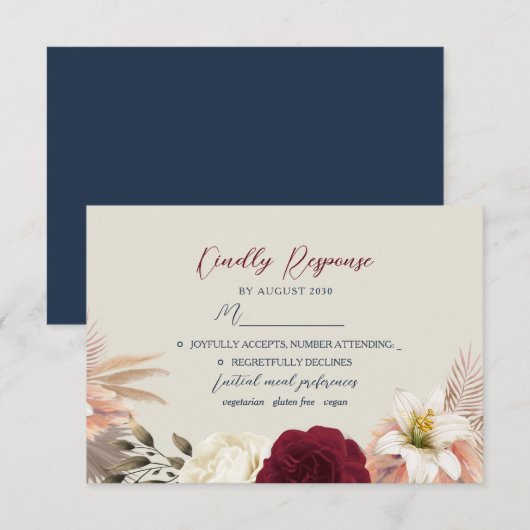 Burgundy Navy Blue Wedding RSVP Karte (Vorne/Hinten)