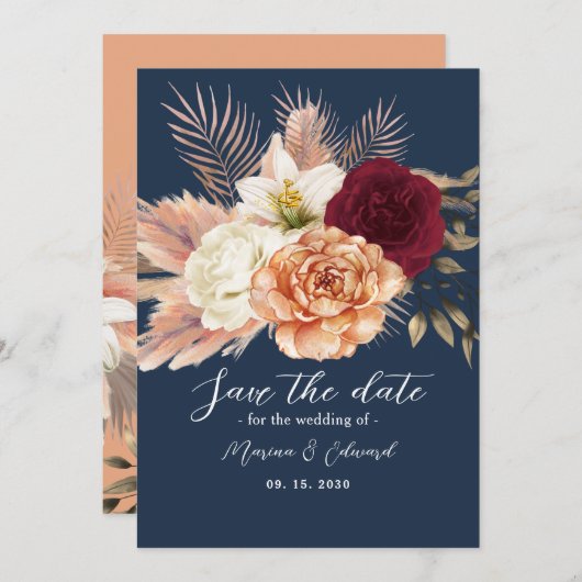 Burgundy Navy Blue Wedding Save The Date (Vorne/Hinten)