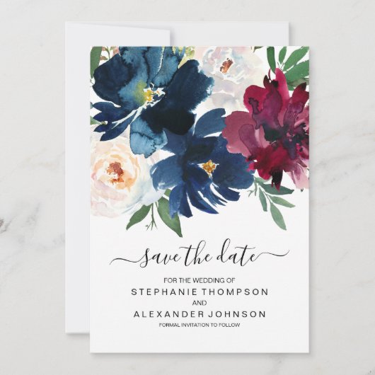 Burgundy Navy-Blume Save the Date (Vorderseite)