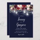 Burgundy Navy Blumenmason Jar Lights Hochzeit Einladung (Vorne/Hinten)