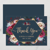 Burgundy Navy Blumenrahmen Hochzeit Danke Karte (Vorne/Hinten)