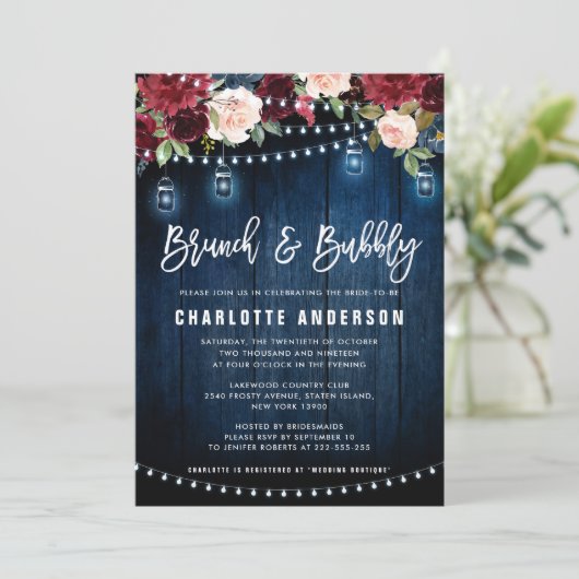 Burgundy Navy Blumenstrass Light Brunch & Bubbly Einladung (Stehend Vorderseite)