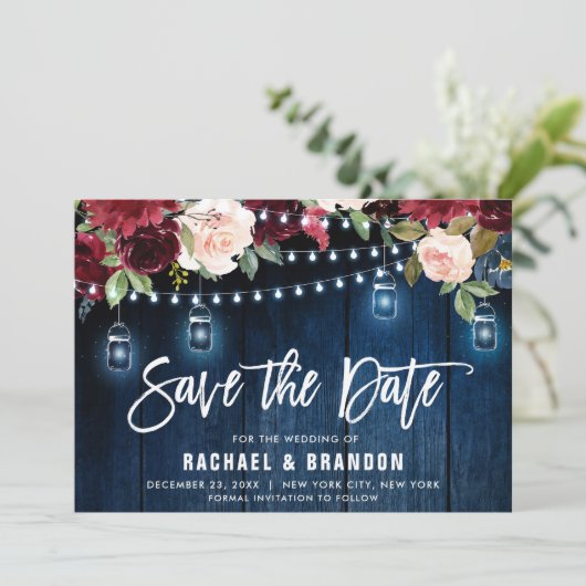 Burgundy Navy Blumenzellenschachteljar Save The Date (Stehend Vorderseite)