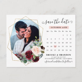 Burgundy Navy Blush Bloral Calendar Save the Date Postkarte