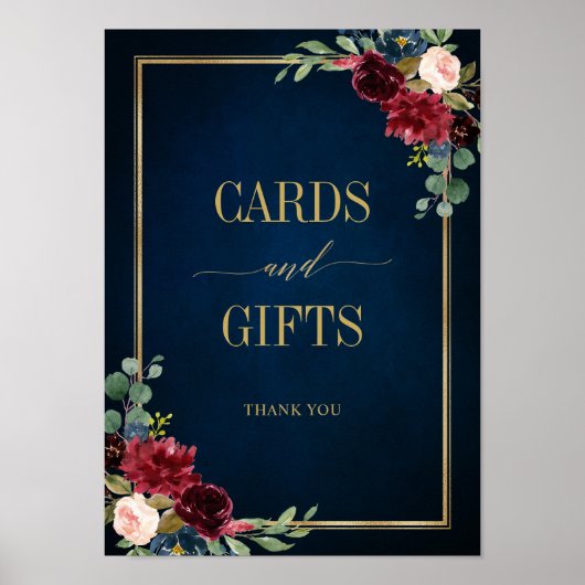 Burgundy Navy Blush Bloral Gold Cards und Geschenk Poster (Vorne)