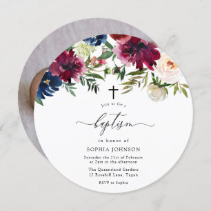 Burgundy Navy & Blush Blume Baby Foto Taufe Einladung