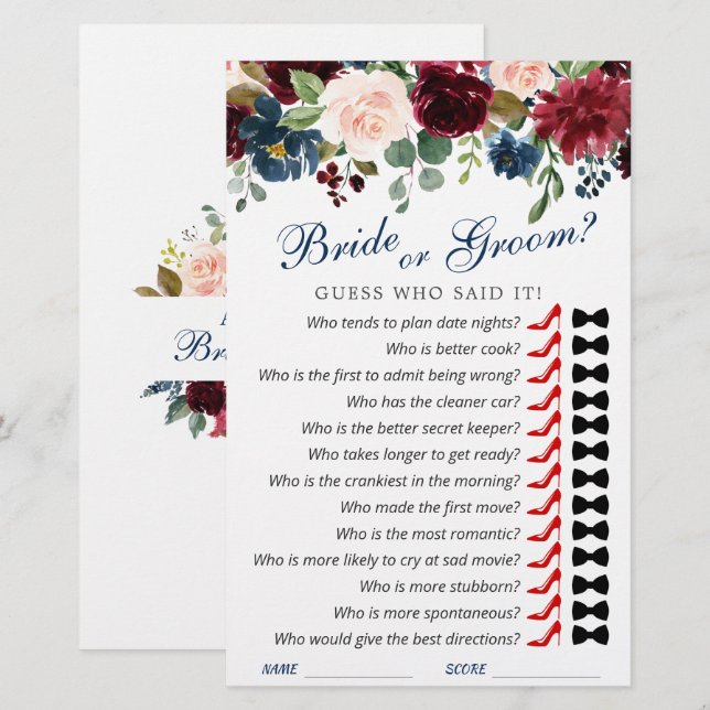 Burgundy Navy Blush Blume Brautparty Game (Vorne/Hinten)