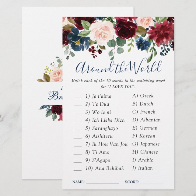 Burgundy Navy Blush Blume Brautparty Game (Vorne/Hinten)