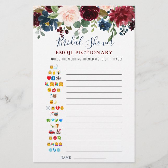 Burgundy Navy Blush Blume Brautparty Game (Vorderseite)