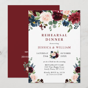 Burgundy Navy Blush Blume PROBE DINNER Einladung