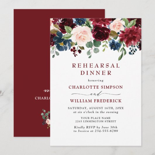 Burgundy Navy Blush Blume PROBE DINNER Einladung (Vorne/Hinten)