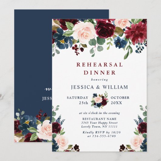Burgundy Navy Blush Blume PROBE DINNER Einladung (Vorne/Hinten)