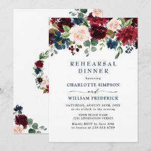 Burgundy Navy Blush Blume PROBE DINNER Einladung