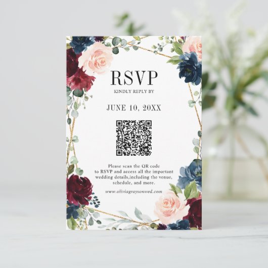Burgundy Navy Blush Boho Geometric Wedding QR Code RSVP Karte (Stehend Vorderseite)