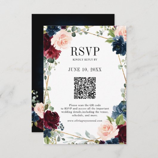 Burgundy Navy Blush Boho Geometric Wedding QR Code RSVP Karte (Vorne/Hinten)