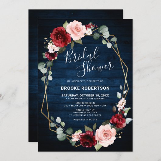 Burgundy Navy Blush Brautparty Einladung (Vorne/Hinten)