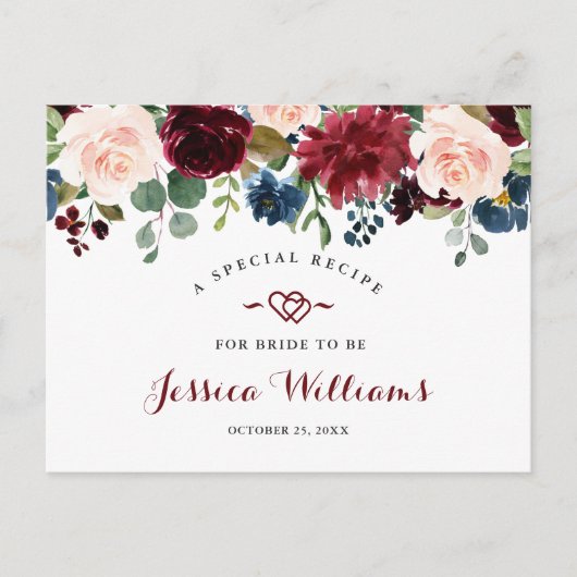 Burgundy Navy Blush Brautparty Rezept Card Postkarte (Vorderseite)