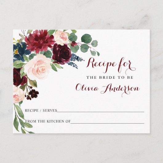 Burgundy Navy Blush Brautparty Rezept Card Postkarte (Vorderseite)