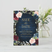 Burgundy Navy Blush Floral Geometric Save the Date (Stehend Vorderseite)