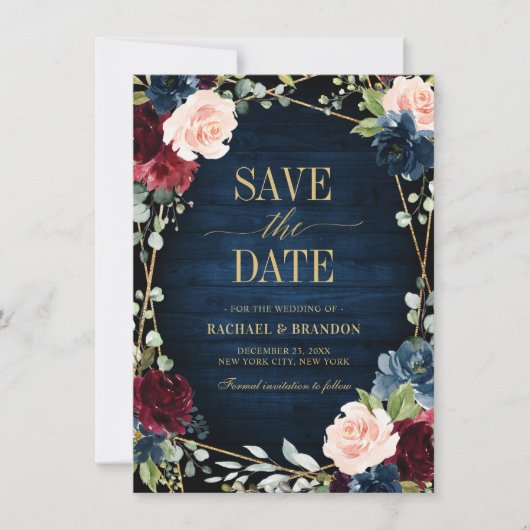 Burgundy Navy Blush Floral Geometric Save the Date (Vorderseite)