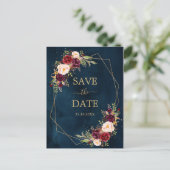Burgundy Navy Blush Floral Geometric Save the Date Postkarte (Stehend Vorderseite)