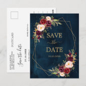 Burgundy Navy Blush Floral Geometric Save the Date Postkarte (Vorne/Hinten)