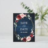 Burgundy Navy Blush Floral Geometric Save the Date Postkarte (Stehend Vorderseite)