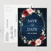 Burgundy Navy Blush Floral Geometric Save the Date Postkarte (Vorne/Hinten)