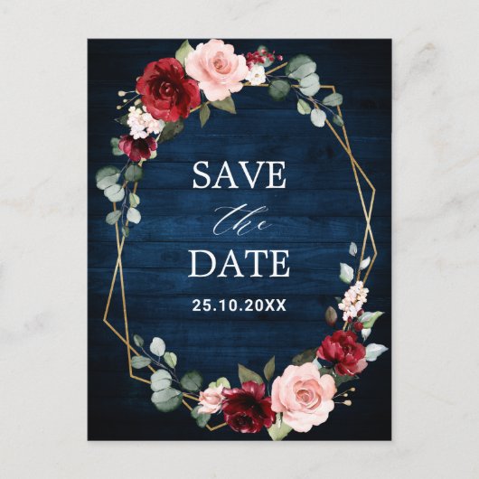 Burgundy Navy Blush Floral Geometric Save the Date Postkarte (Vorderseite)