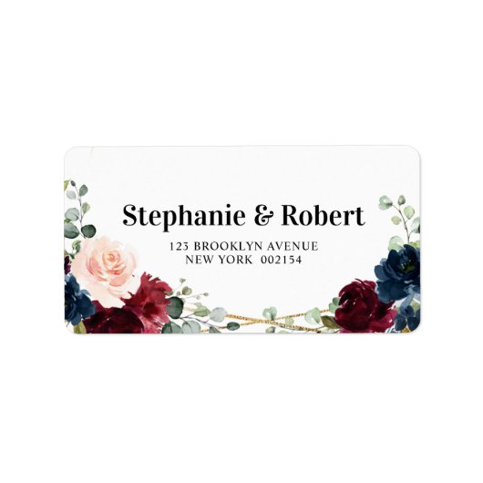 Burgundy Navy Blush Floral Geometric Wedding Adressaufkleber (Vorne)