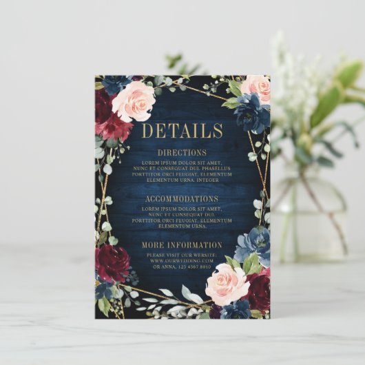 Burgundy Navy Blush Floral Geometric Wedding Begleitkarte (Stehend Vorderseite)