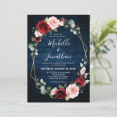Burgundy Navy Blush Floral Geometric Wedding Einladung (Stehend Vorderseite)