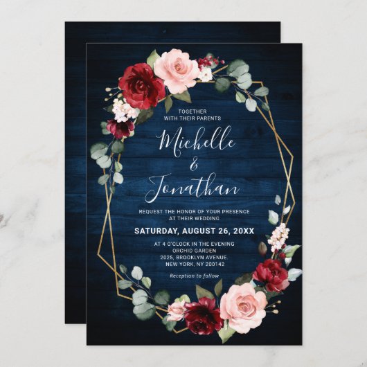 Burgundy Navy Blush Floral Geometric Wedding Einladung (Vorne/Hinten)