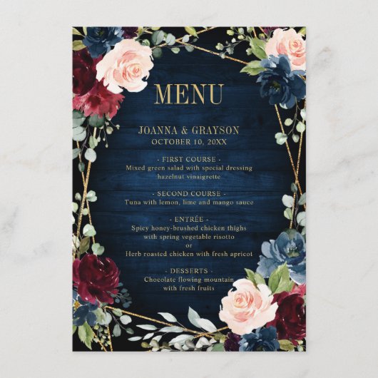 Burgundy Navy Blush Floral Geometric Wedding Menükarte (Vorderseite)