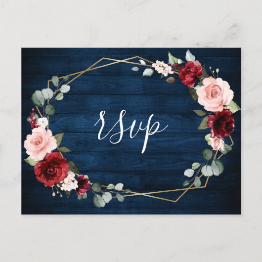 Burgundy Navy Blush Floral Geometric Wedding Postkarte (Vorderseite)