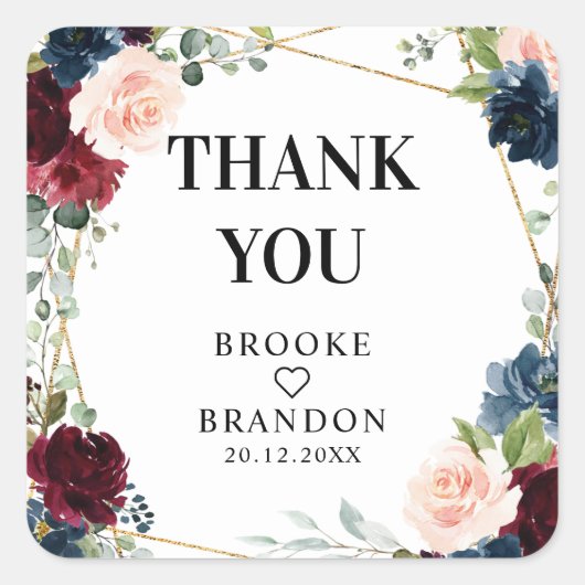 Burgundy Navy Blush Floral Geometric Wedding Quadratischer Aufkleber (Vorderseite)