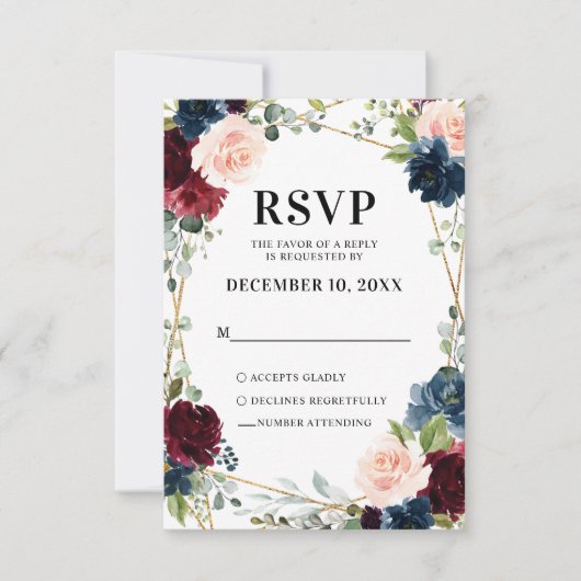 Burgundy Navy Blush Floral Geometric Wedding RSVP Karte (Vorderseite)