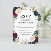 Burgundy Navy Blush Floral Geometric Wedding RSVP Karte (Stehend Vorderseite)