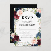 Burgundy Navy Blush Floral Geometric Wedding RSVP Karte (Vorne/Hinten)