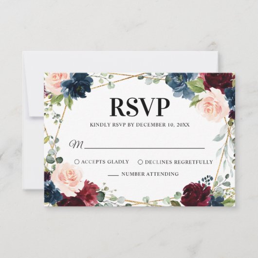 Burgundy Navy Blush Floral Geometric Wedding RSVP Karte (Vorderseite)