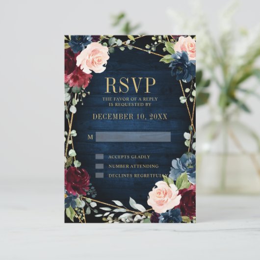 Burgundy Navy Blush Floral Geometric Wedding RSVP Karte (Stehend Vorderseite)