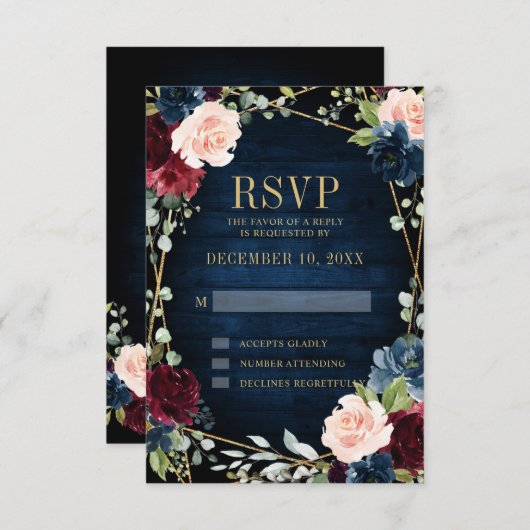 Burgundy Navy Blush Floral Geometric Wedding RSVP Karte (Vorne/Hinten)