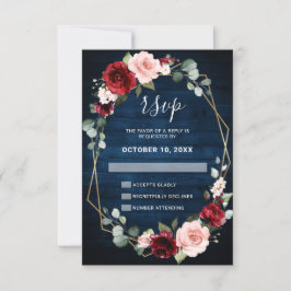 Burgundy Navy Blush Floral Geometric Wedding RSVP Karte