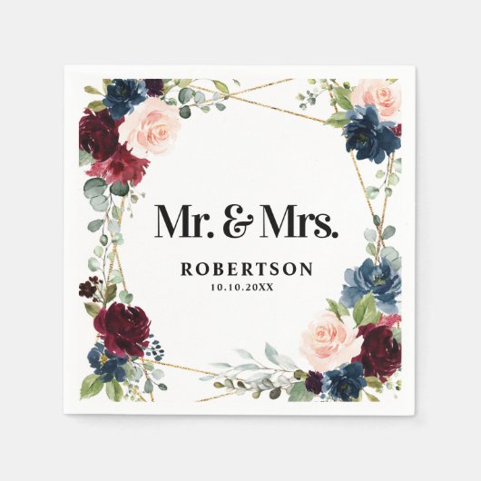 Burgundy Navy Blush Floral Geometric Wedding Serviette (Vorderseite)