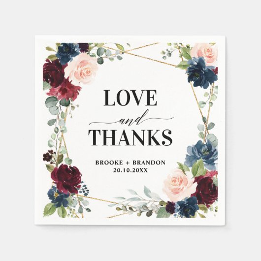 Burgundy Navy Blush Floral Geometric Wedding Serviette (Vorderseite)